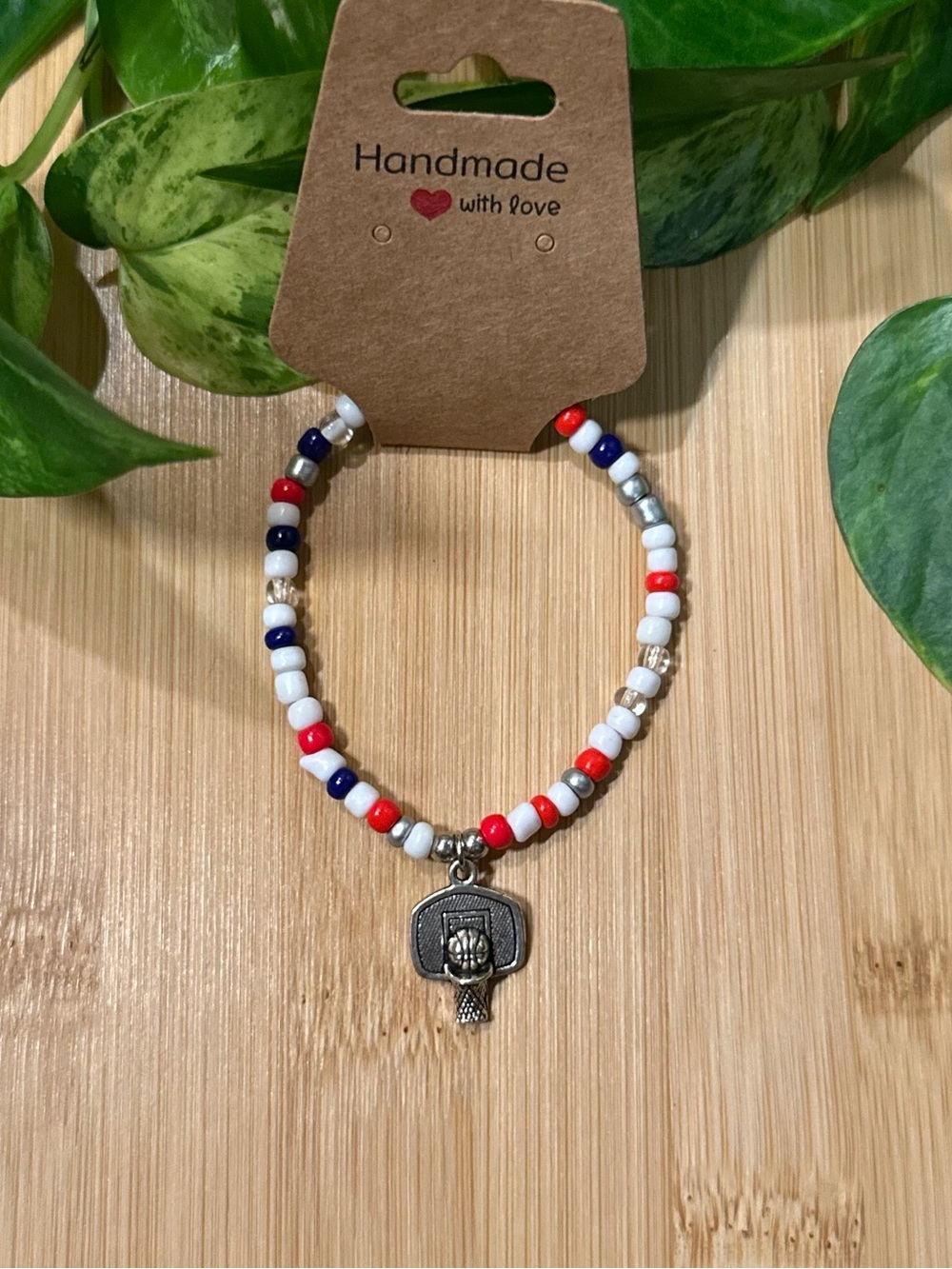 🏀✨ Basketball Stretchy Beaded Bracelet | Handmade | Silver Basketball Dangle Ch